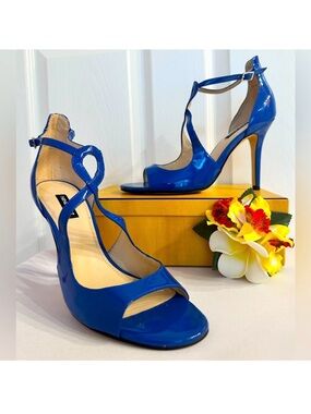 NINE WEST ~ Blue Patent 4” Stiletto Heels with Ankle Strap size 9.5